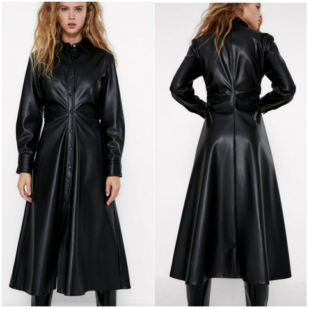 NWT ZARA | Black Faux Leather Midi Dress